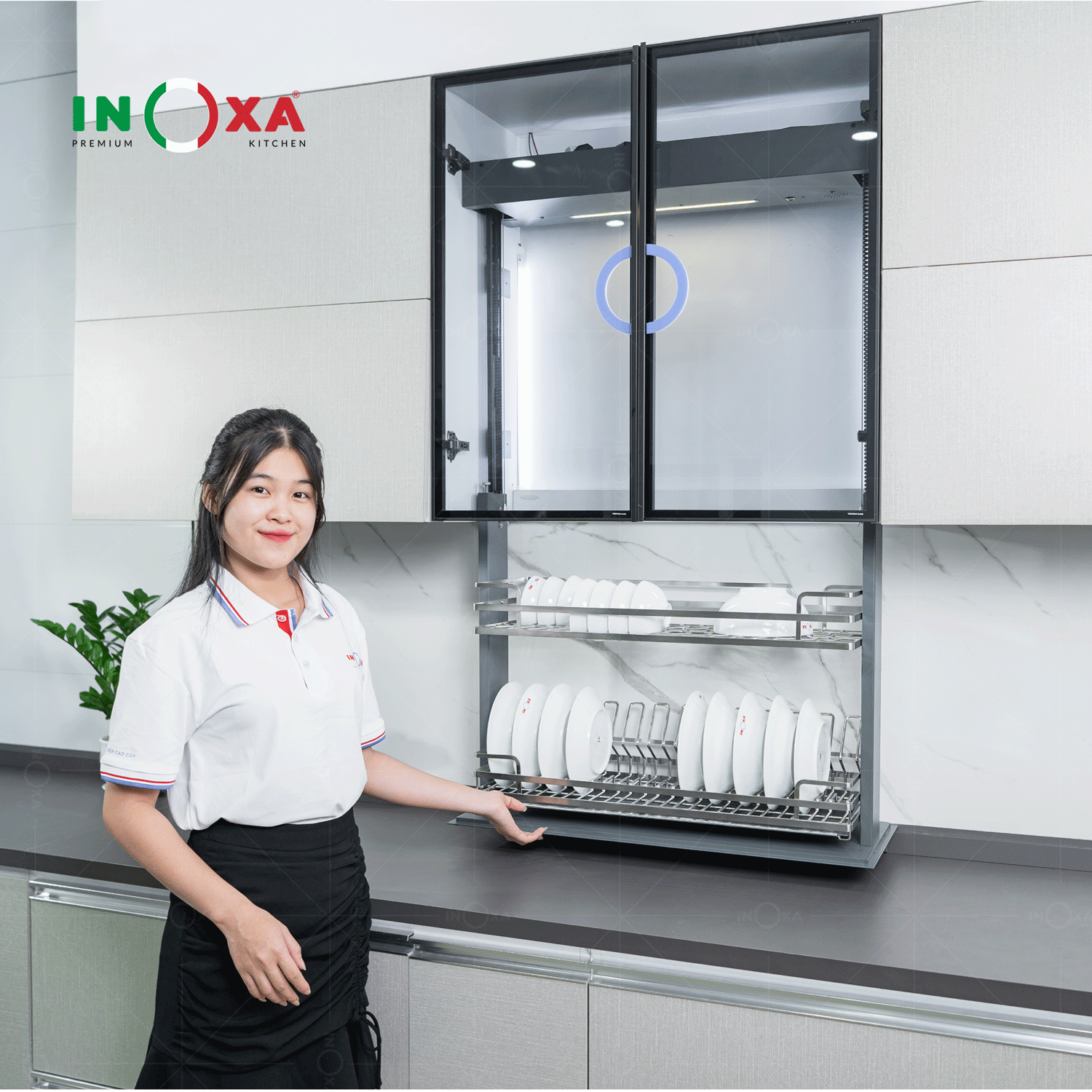 giá bát nâng hạ điện inox nan oval inoxa