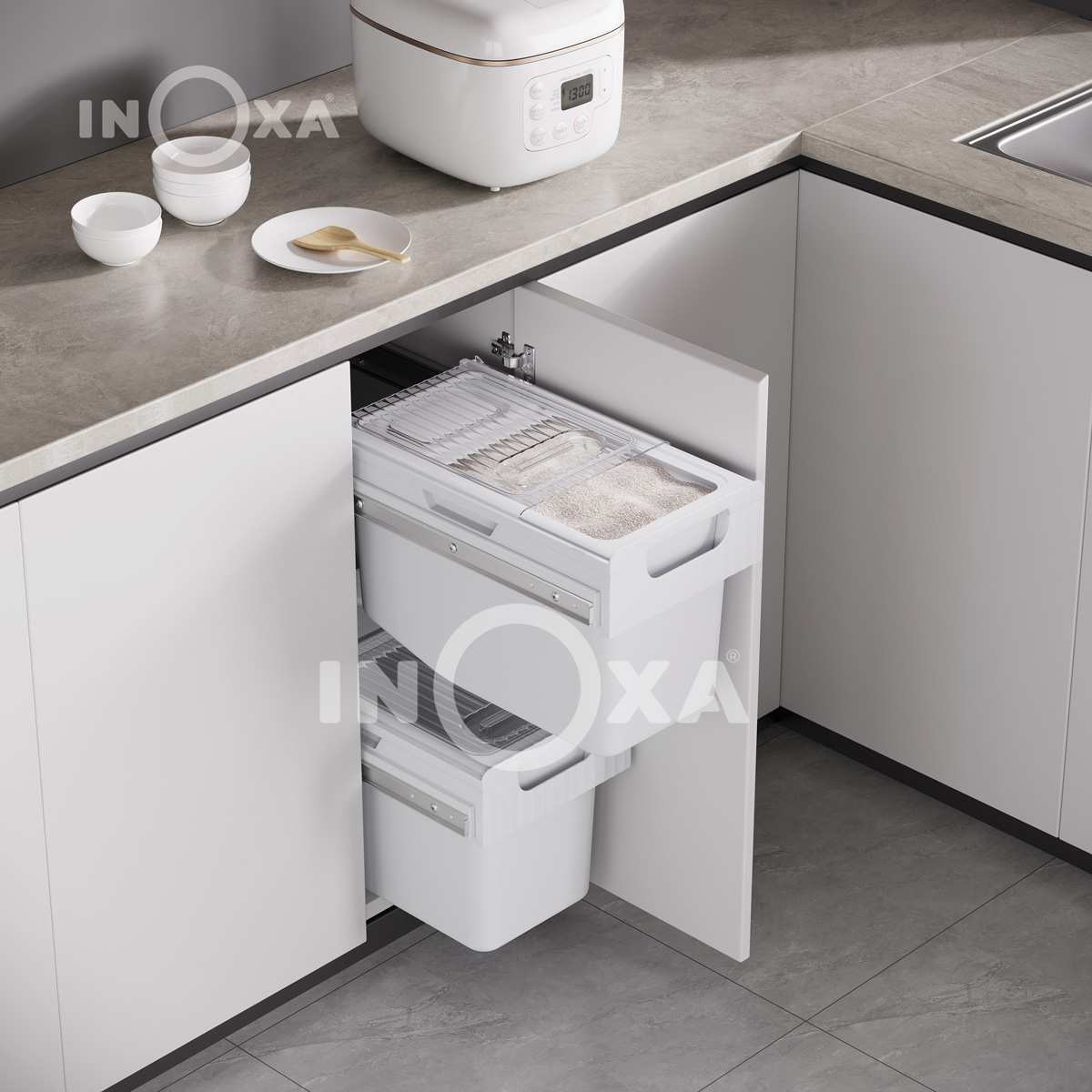 THÙNG GẠO ÂM TỦ RAY GIẢM CHẤN 15KG ( TÙY CHỌN LẮP MẶT CÁNH )