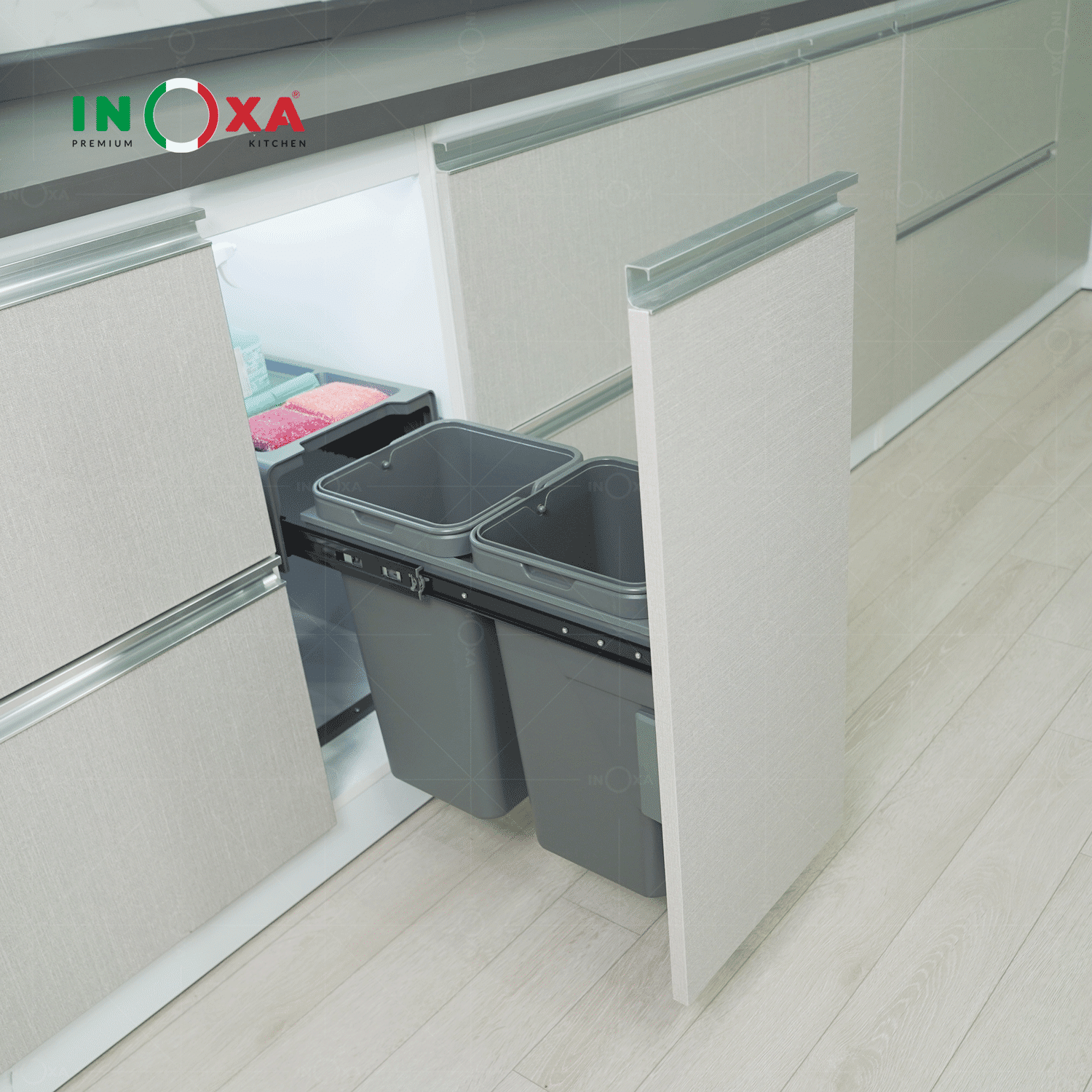 Thùng rác đôi gắn cánh ray giảm chấn Inoxa