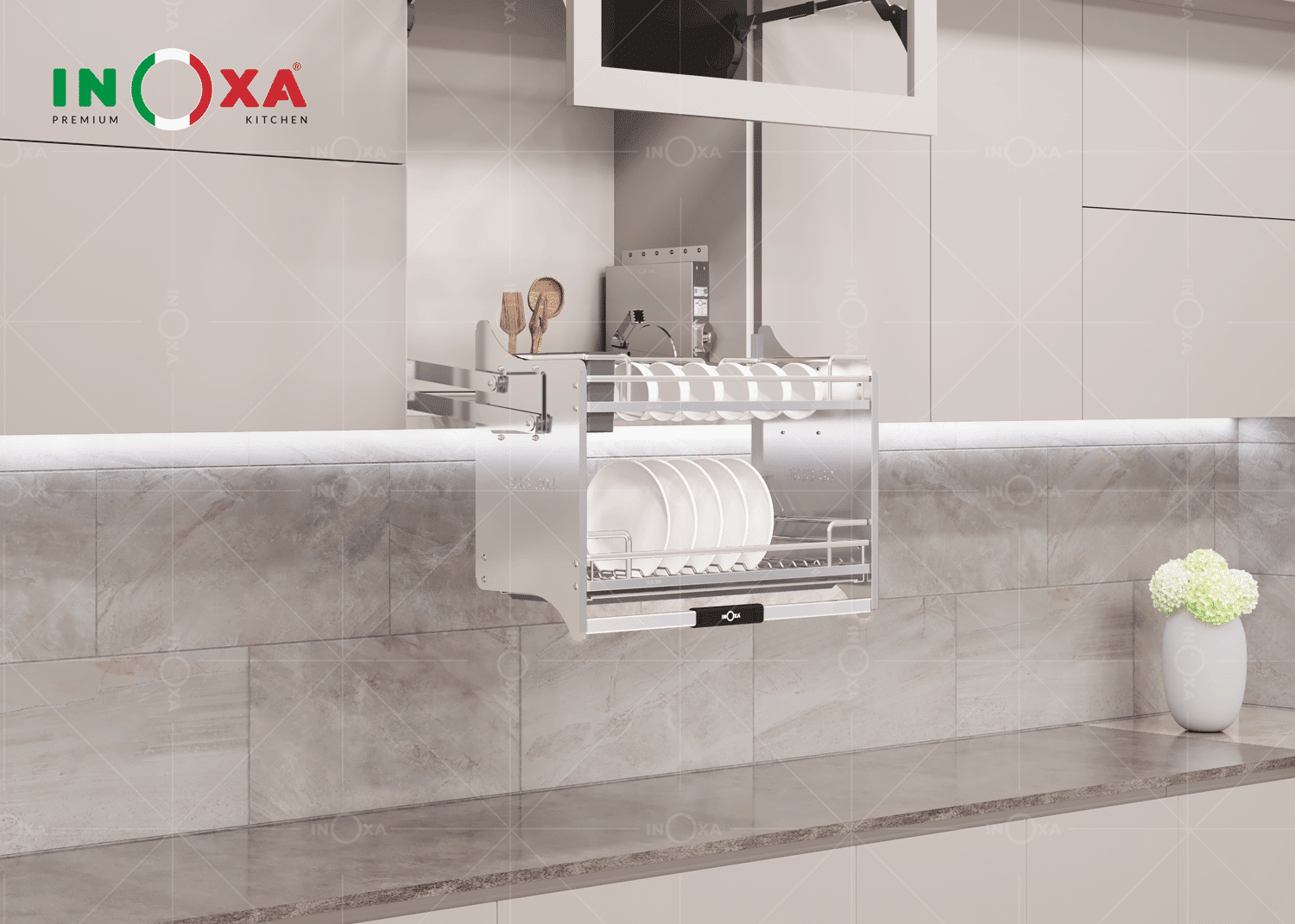 Giá bát đĩa nâng hạ thông minh