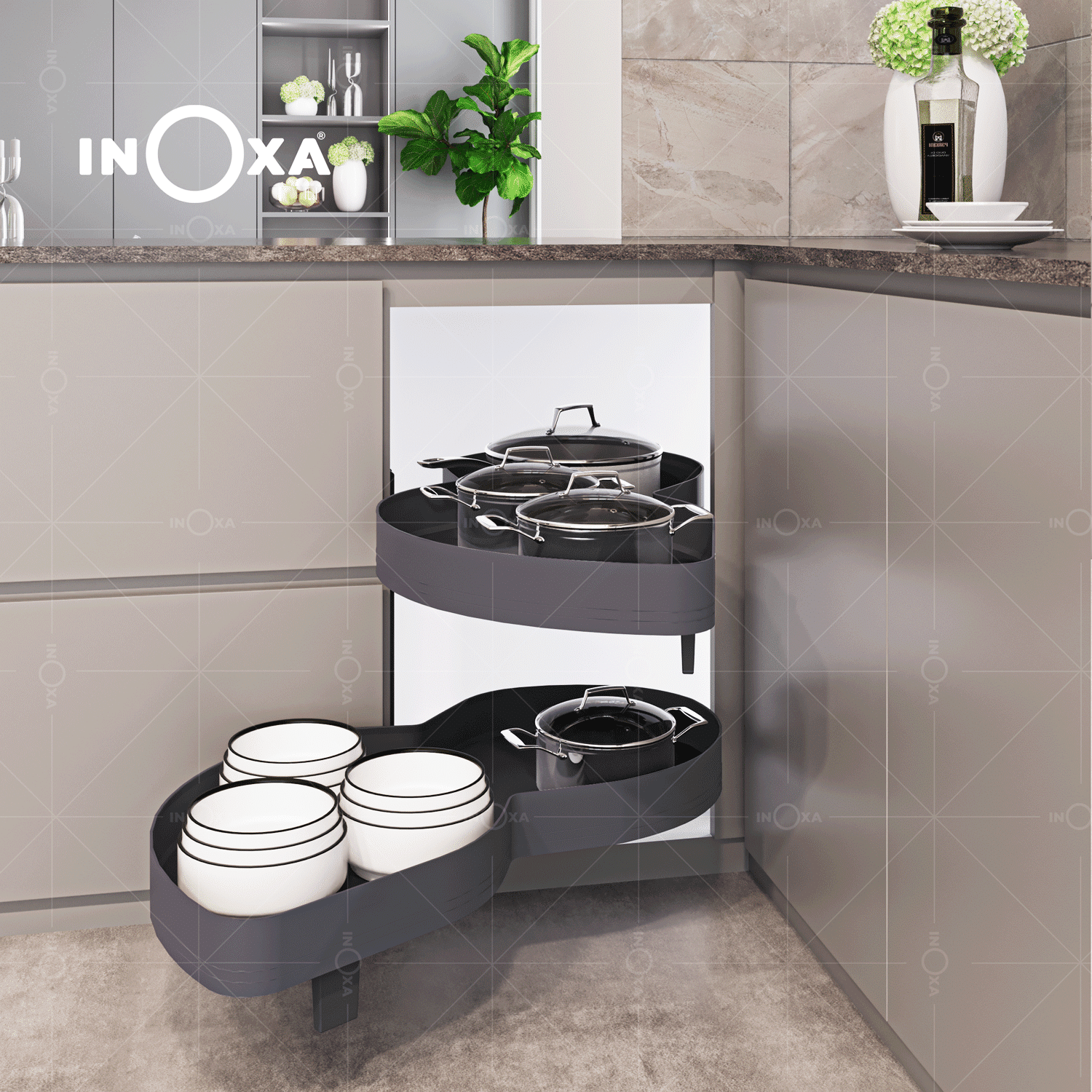 Các loại phụ kiện tủ bếp giúp tối ưu không gian chữ L hiệu quả